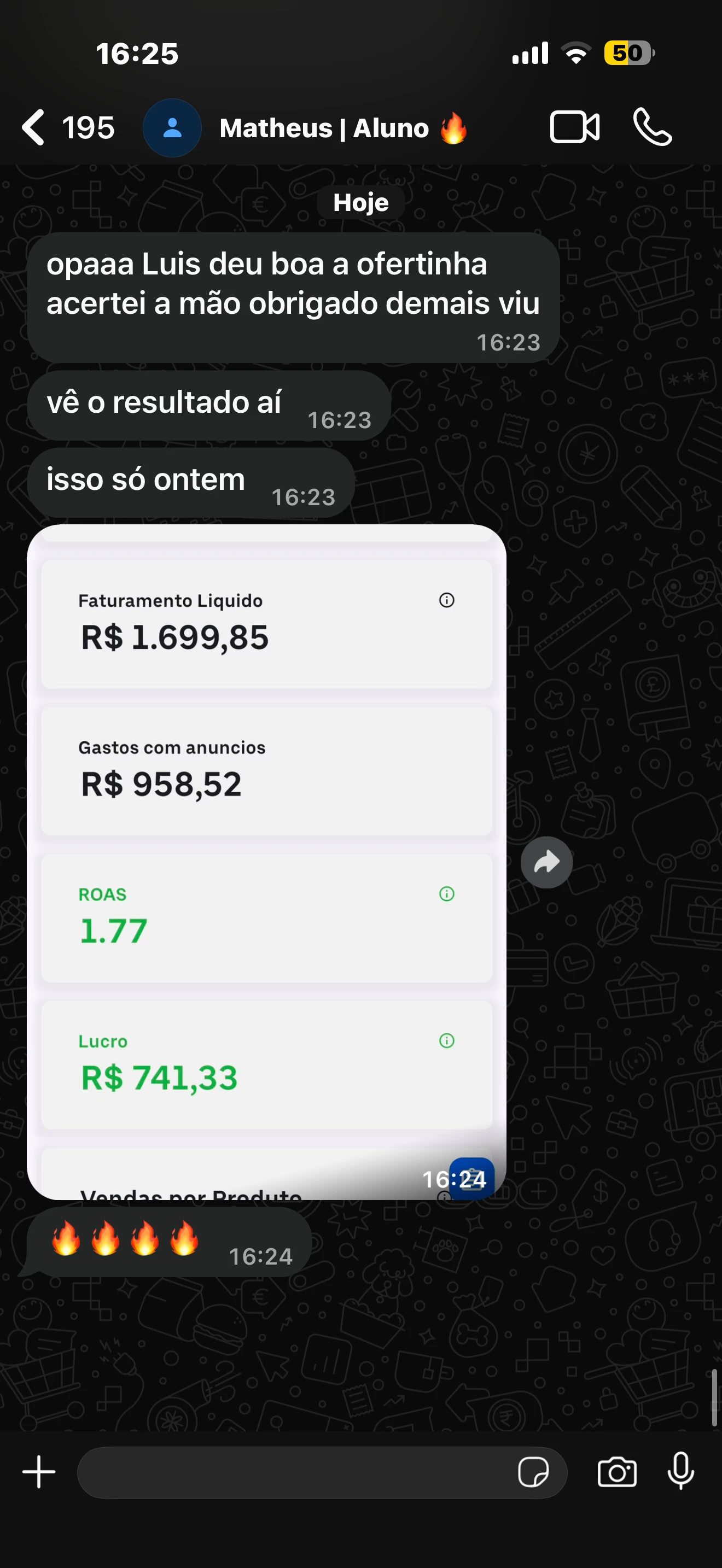 Conversa no WhatsApp com aluno mostrando R$ 1.699,85 de faturamento e R$ 741,33 de lucro em um dia